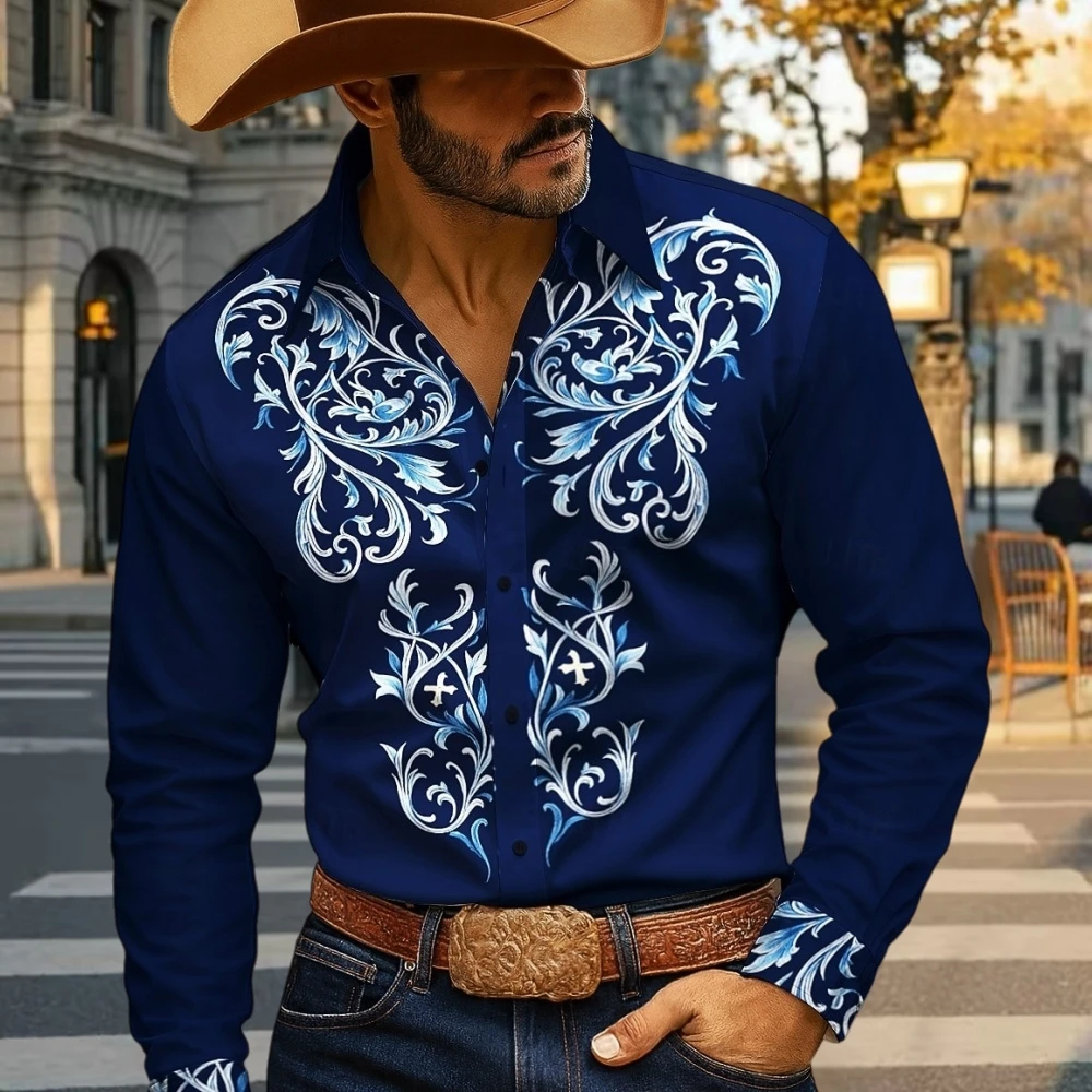 

Men's Shirt Vintage Floral Print Western Cowboy Button up Long Sleeve Shirts Casual Turndown Collar Shirt Casual Men's Clothing