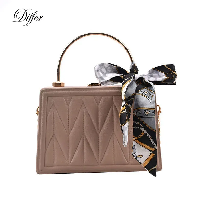 Luxury Designer Crossbody Bag for Women Silk Ribbon Box Shape Small Handbag Chain Lady Messenger Bag All-match PU Leather Tote