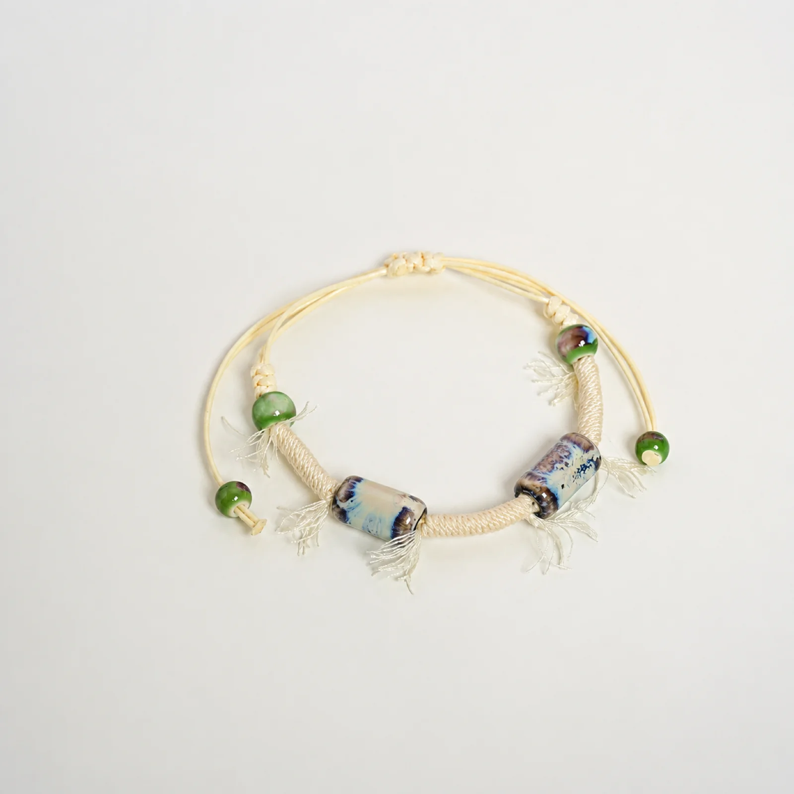 Handmade Celadon Ceramic Bead Bracelet Adjustable Waxed Cord Handwoven Chinese Style Minimalist Jewelry 608P17-12