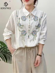 New Spring Cotton Yarn Causal Shirt Women Lapel Long Sleeve Tops Girl Retro Embroidery Commute Loose Blouse 2024 Autumn T43737QM