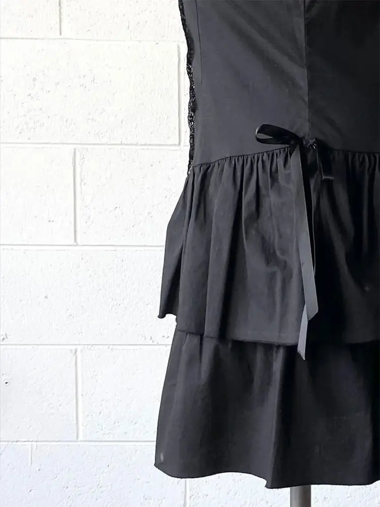 Y2k vintage camisa de renda preta vestido para mulheres cintura fina vestidos all-match 2025 verão nova manga curta vestidos de mujer