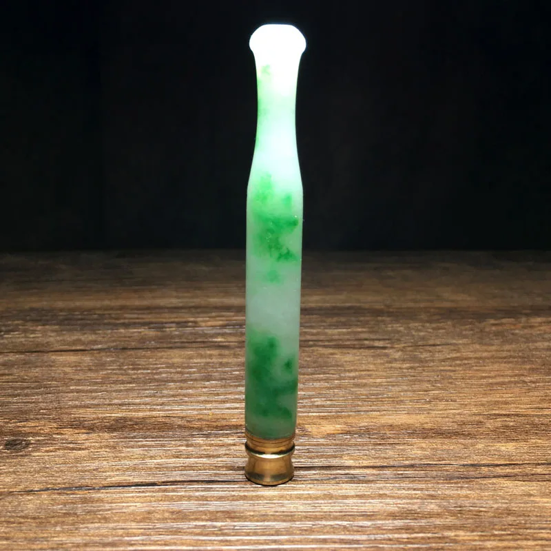 Chinese Style Old-Fashioned Antique Ice Jade Stone Floating Green Jade Inlaid Pure Copper Filter Tip Cigarette Holder