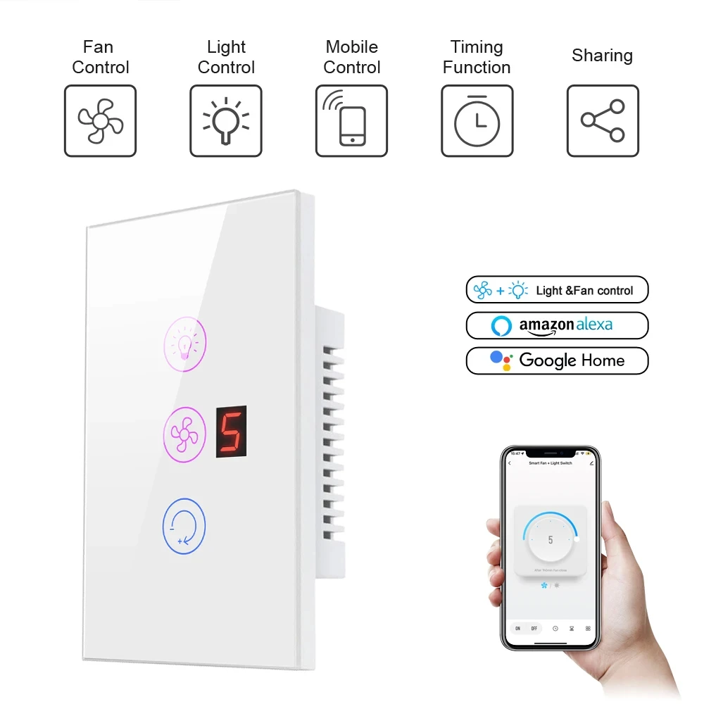 MIUCDA Tuya Smart Wifi Wifi Fan Light Switch US/EU Standard Boiler Water Heater Touch 3 in 1 Switch APP For Alexa Google Home