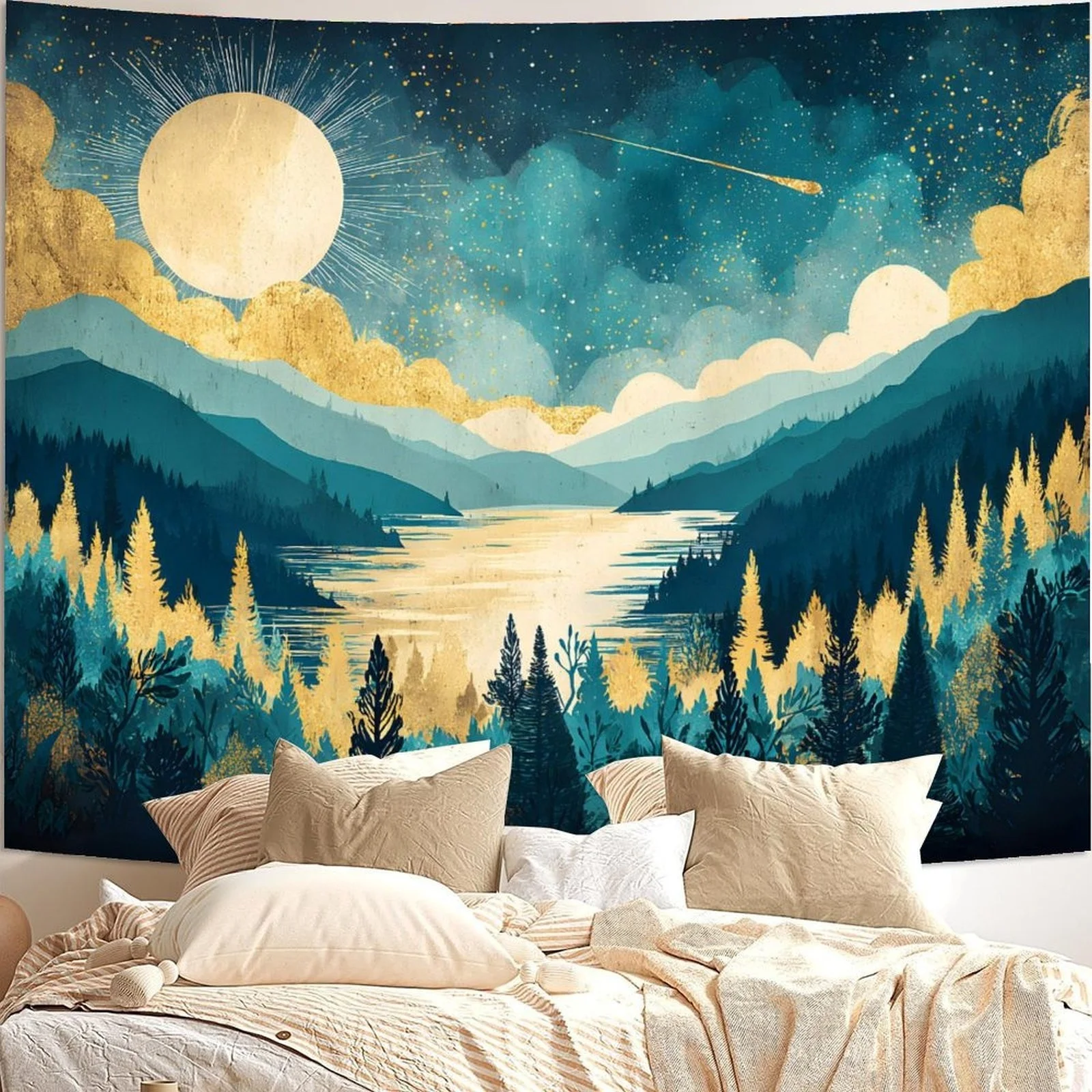 Cosmic Landscape Tapestry Boho Wall Hanging Stars Mountains Forest Night Sky Art Decor Poster Polyester Material Home Decoration