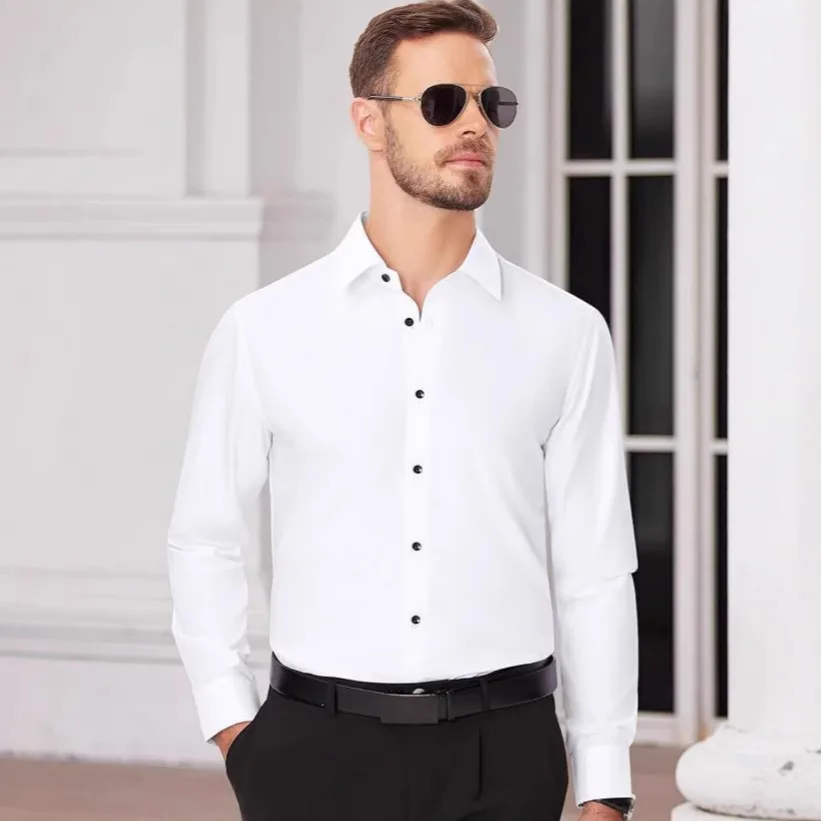 

Men's Busin Casual Long Sve irt Four-Sided Elastic Color European Size Non-Ironing Men's Faion Clothing