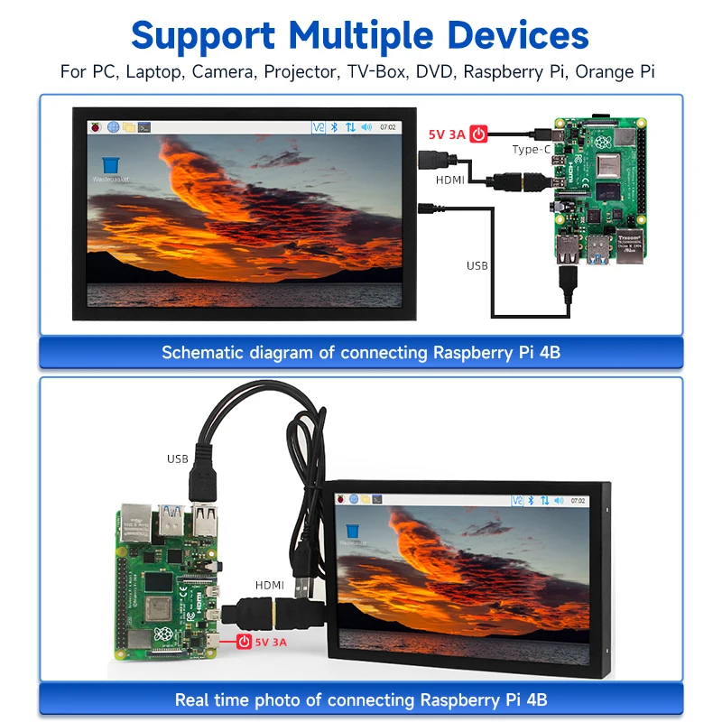 7 Inch Portable Monitor 1024x600 IPS LCD HDMI-compatible VGA AV Input DC Type C Power  Screen for PC Laptop Camera TV Box DVD