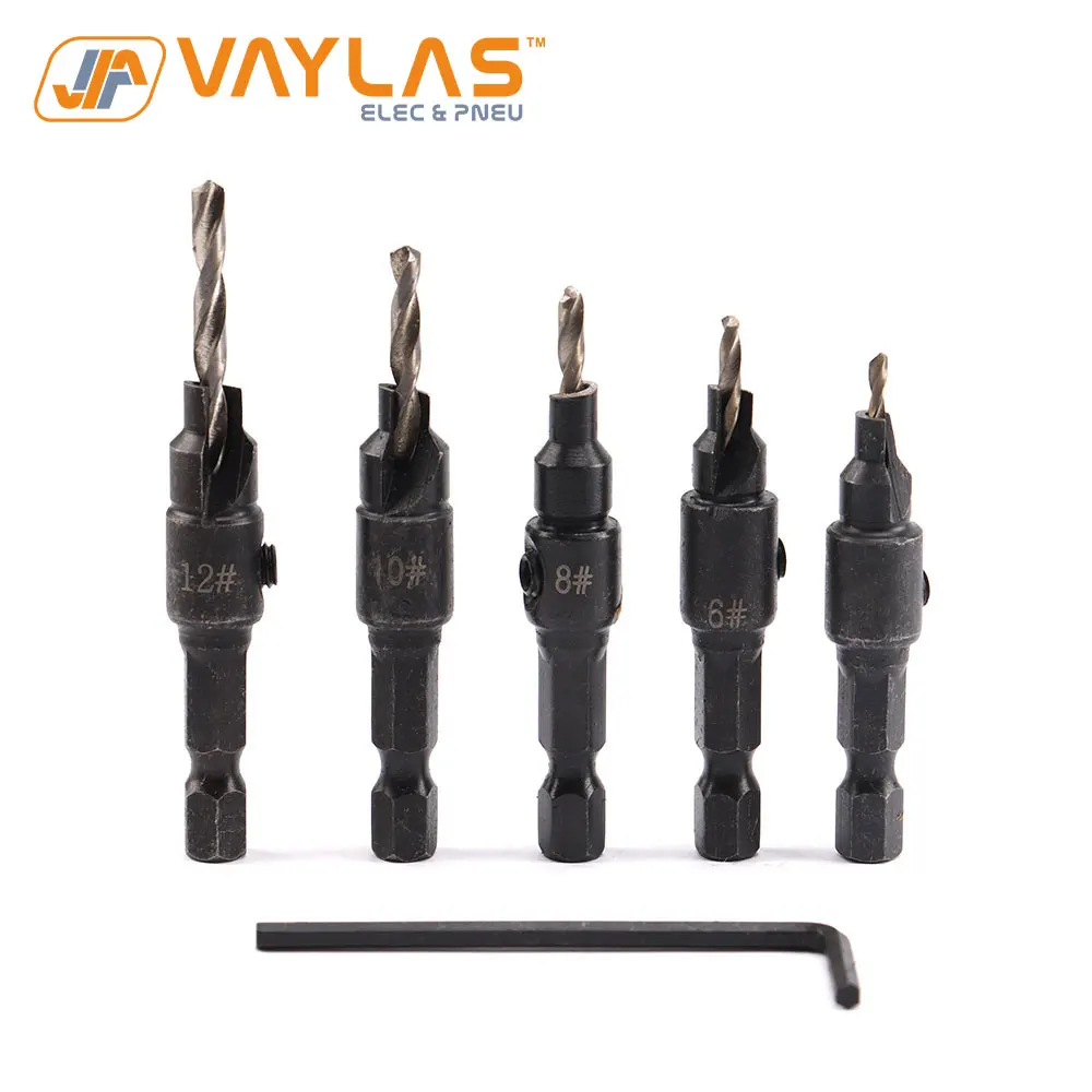 

5pcs Countersink Drill Woodworking Drill Bit Set Drilling Pilot Holes For Screw Sizes #5 #6 #8 #10 #12 with a Wrench Tool