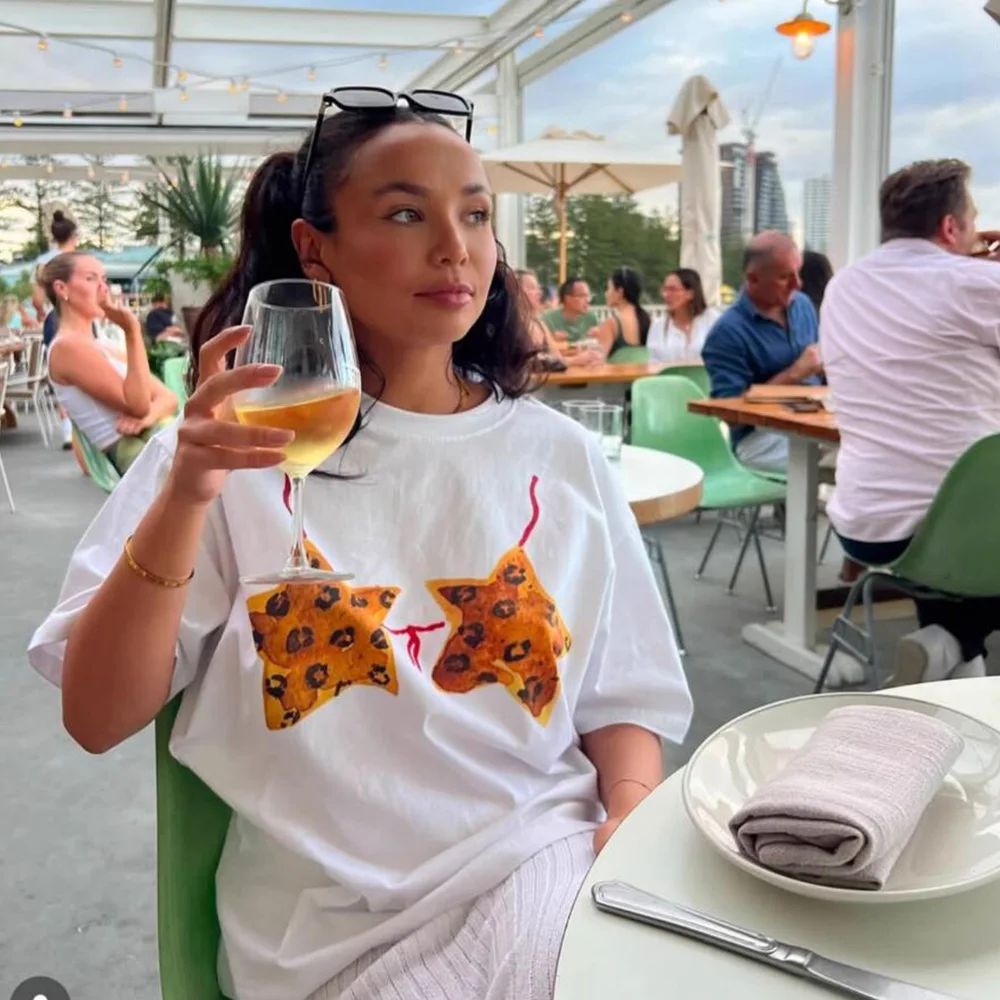 Śmieszne białe koszulki damskie z krótkim rękawem, luźne, bawełniane, letnie topy z nadrukiem leoparda i pięcioramiennej gwiazdy, w stylu Spice Girls, moda uliczna.