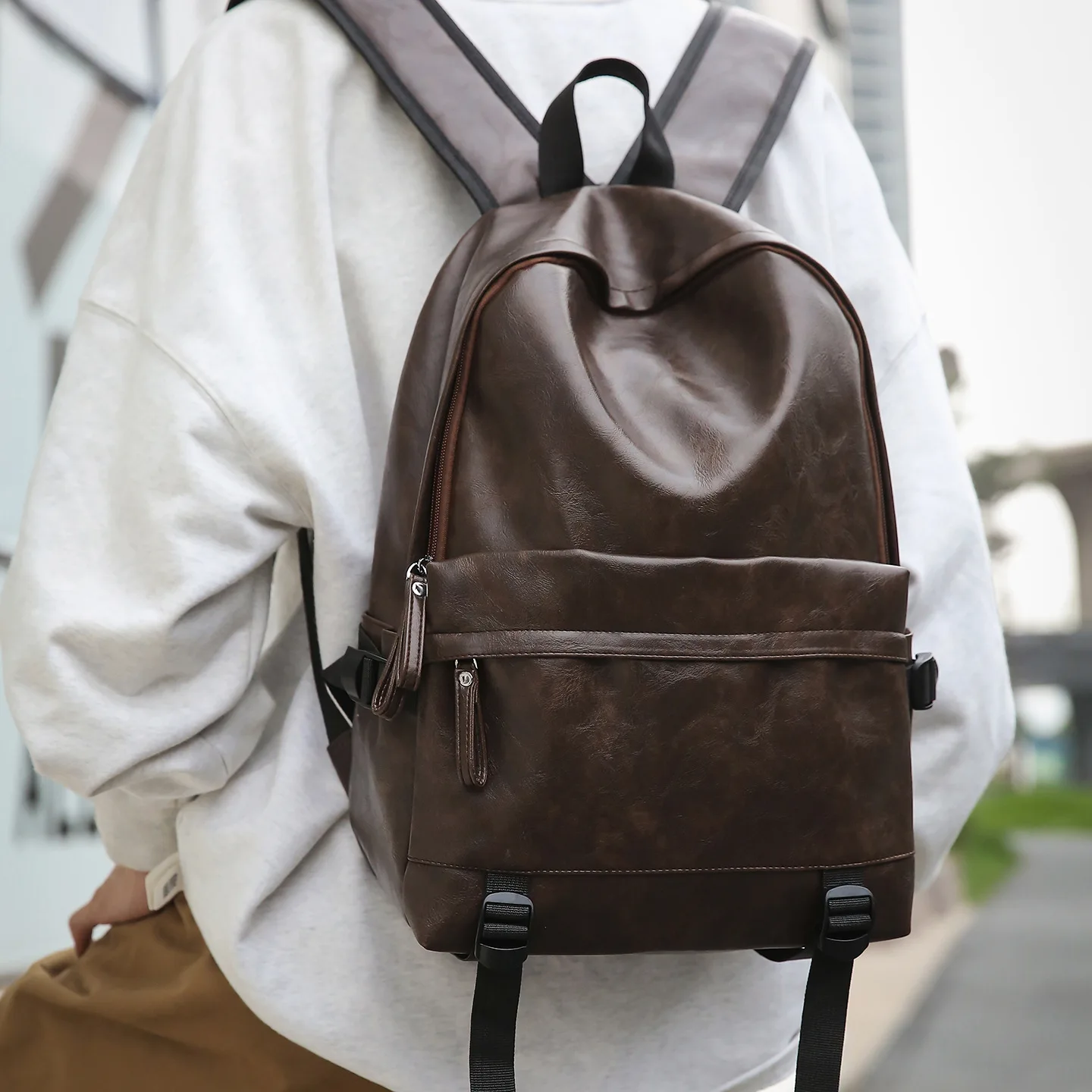 aliexpress leather backpack Mens with Front Pocket, Dark Brown / L revealing natural highs and lows that make every piece uniquely yours as it patinas Luufan Big Capacity Men Backpack