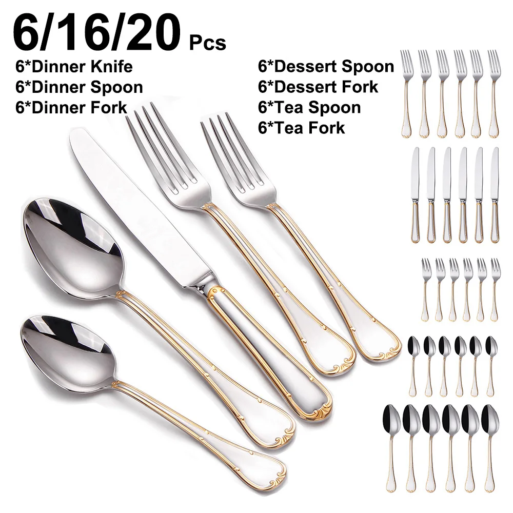 6/16/20Pcs Gold Plated Cutlery Set Stainless Steel 304 Tableware Mirror Dinner Set Elegant Knife Fork Spoon Western Flatware