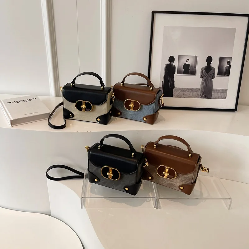 

2025 New Retro Color-Block Handbag Box Shoulder Bag Versatile Textured Crossbody Bag for Women