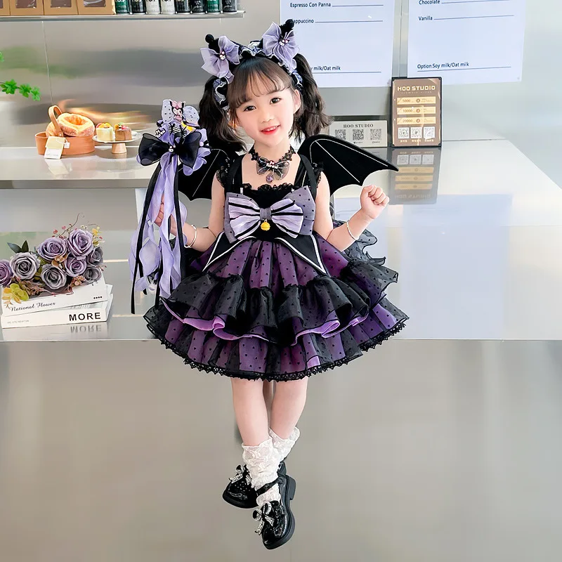 2024 Sanrio Cosplay Kuromi Lolita Princess Dress Summer Children Costume Dress Puffy Skirt Suit Cute Girl Birthday Kawaii Gifts