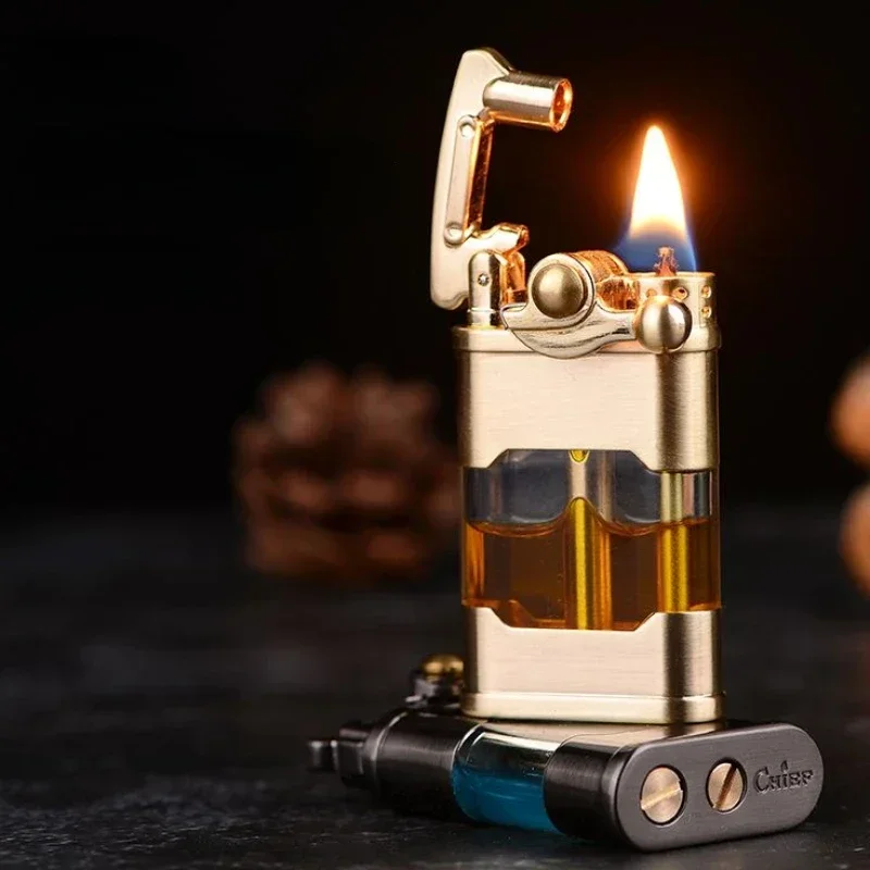 Retro Old-fashioned Windproof Kerosene Lighter Push-button Ignition Creative Rocker Transparent Fuel Tank Men's Smoking Tool