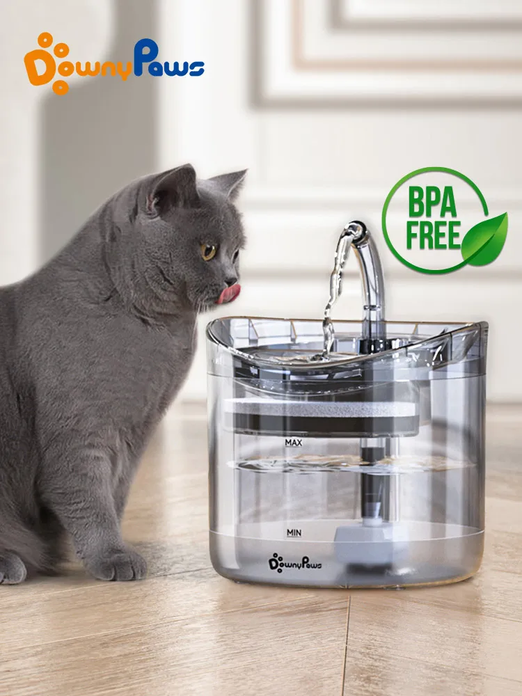 DownyPaws Fuente de Agua Automática para Gato, Con Grifo, Dosificador de Agua para Perro, Capacidad de 2 L, Filtro Transparente, Bebedero para