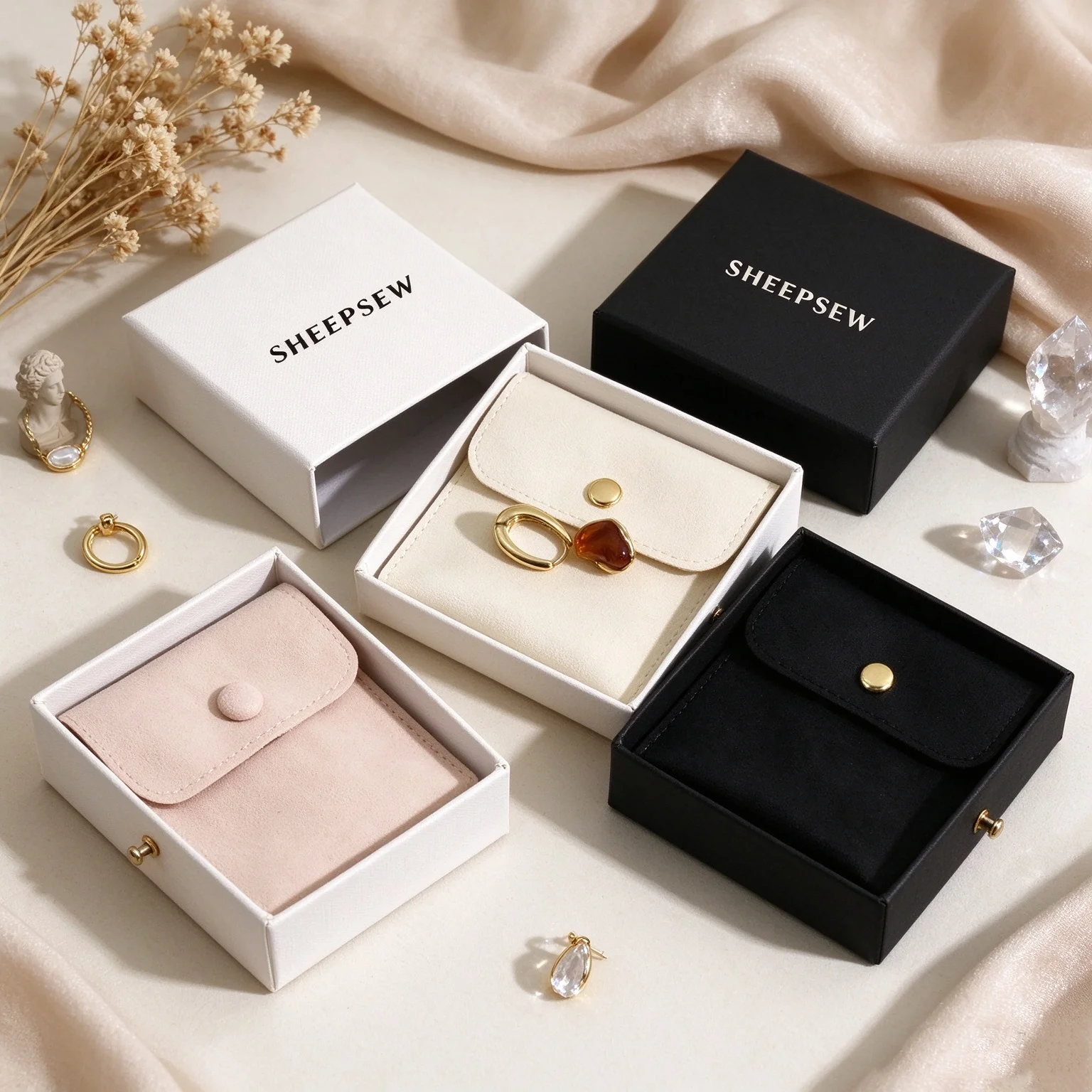 SHEEPSEW Beige Luxury Drawer Jewelry Box with Custom Logo, Microfiber Pouch Bag, Wedding Favor Gift Pack for Ring Earrings Studs