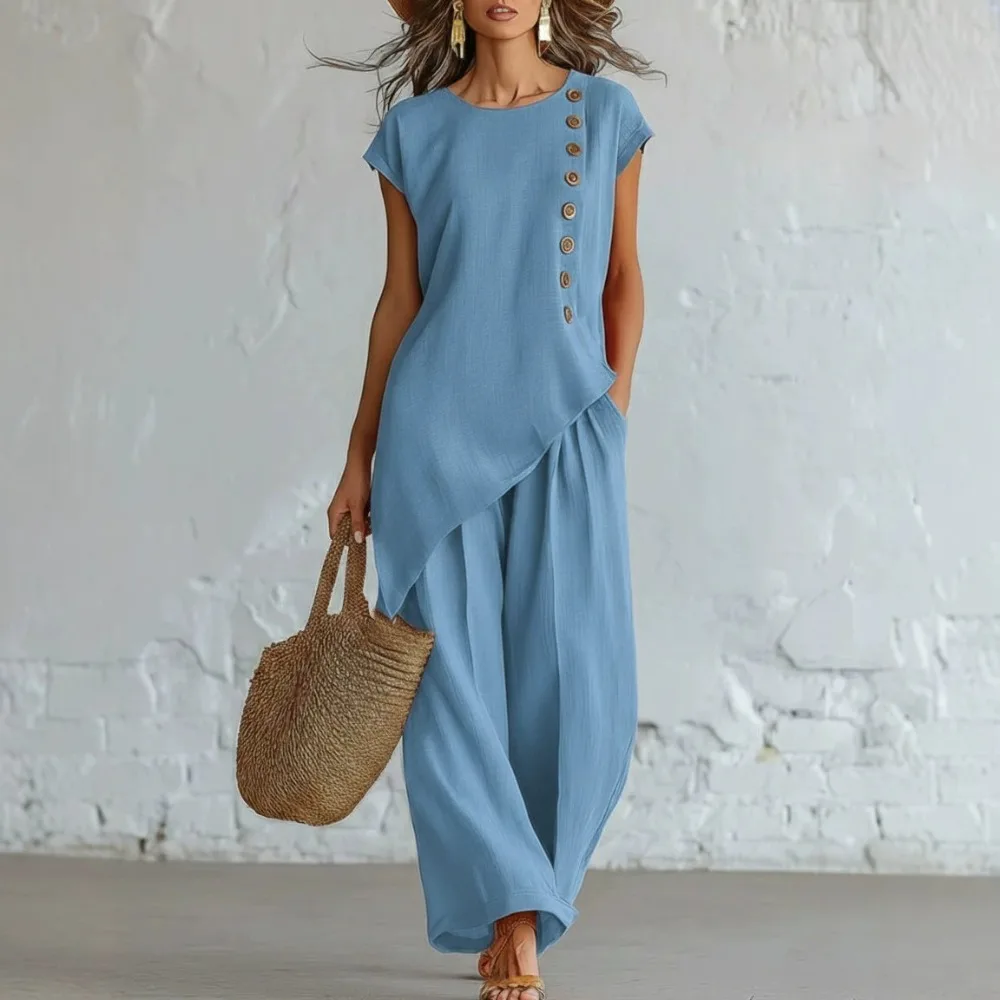 Women Boho Round Neck Button Short Sleeve Top Wide Leg Pants 2-Piece Set Beach Vacation Outfit Summer 2026 Soft Flattering New