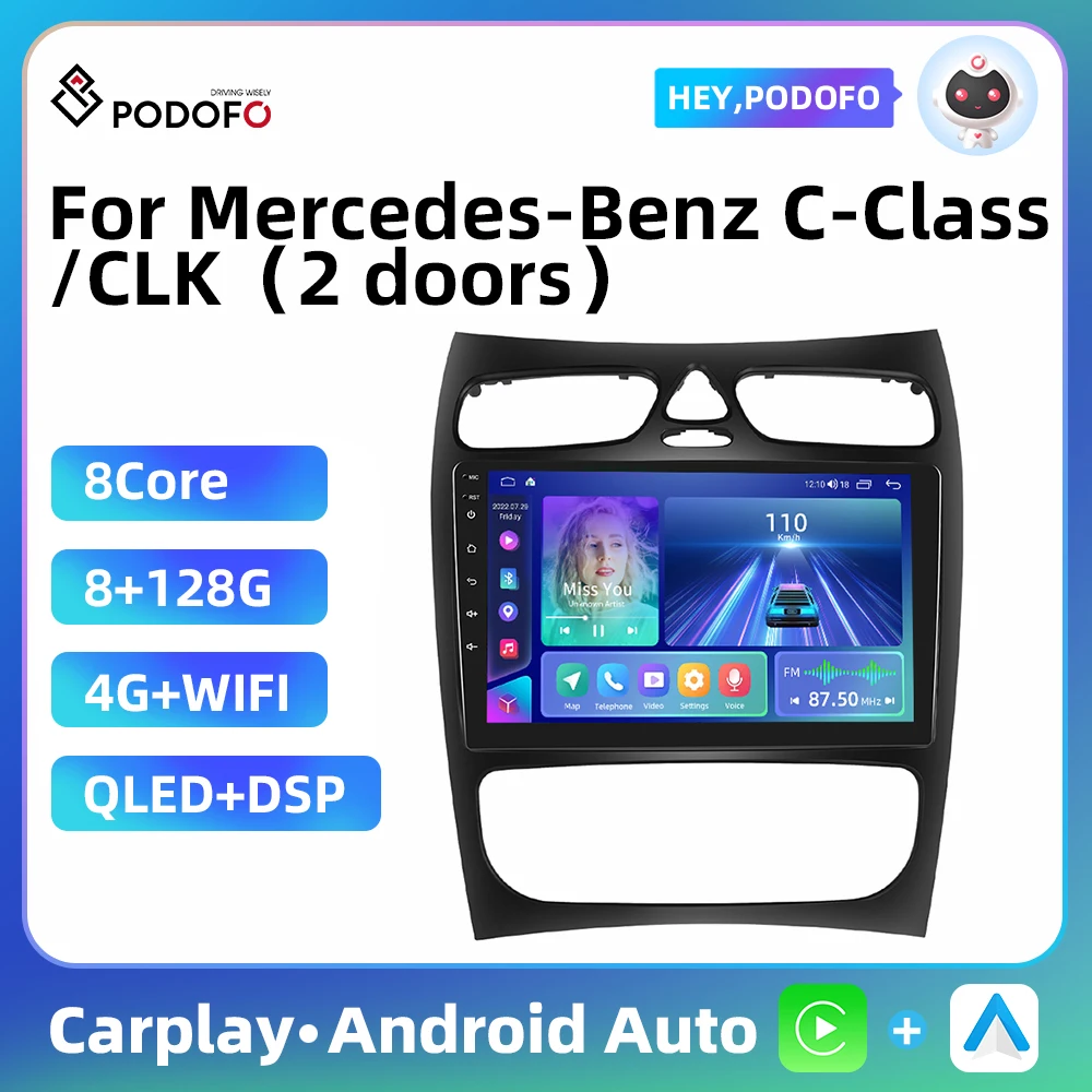 Podofo Carplay Auto Stereo Car Radio For Mercedes-Benz C-Class/CLK 2002-2004 4G WIFI 2 Din Android Radio DSP BT GPS Navigation