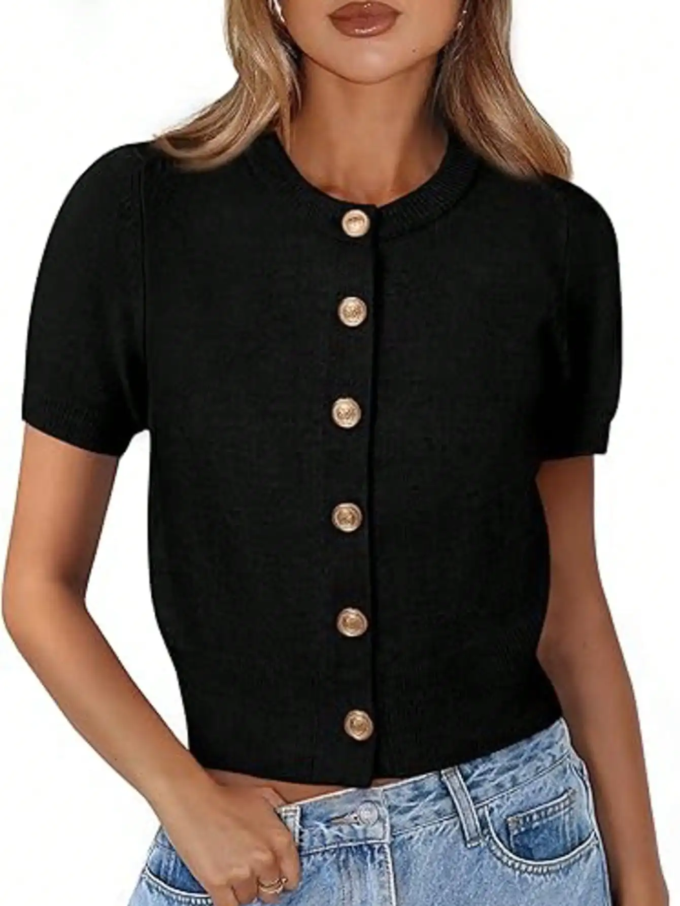 Summer Short Sleeve Cardigans Button Down Casual Knitted Sweater Basic Crew Neck Crop Tops For Womens