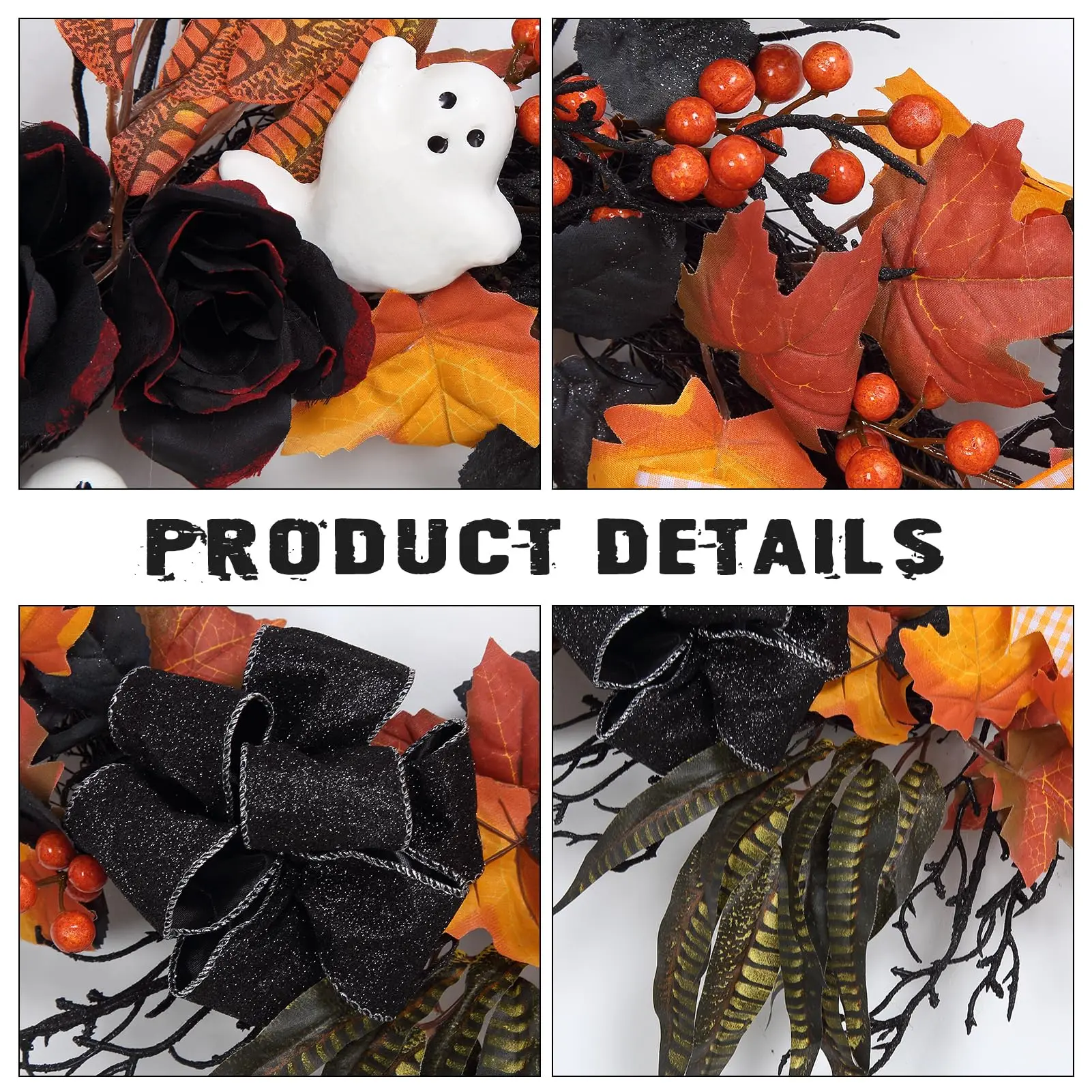 26 Inch Halloween Ghost Wreath For Front Door With Black Roses, Maple Leaves, Orange Bow, Spooky Indoor Outdoor Porch Wall Decor - view 5