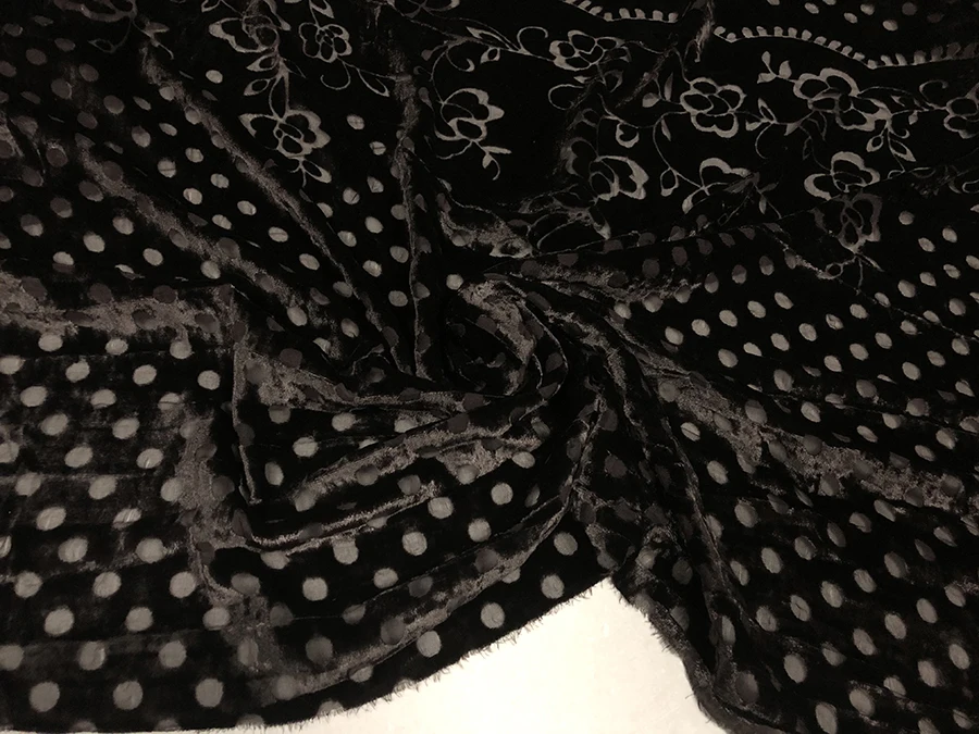 قماش فستان صغير منقوش عليه زهور بولكا دوت ، حرير حقيقي ، قماش مخملي ، بني ، مفرغ ، عالي الجودة