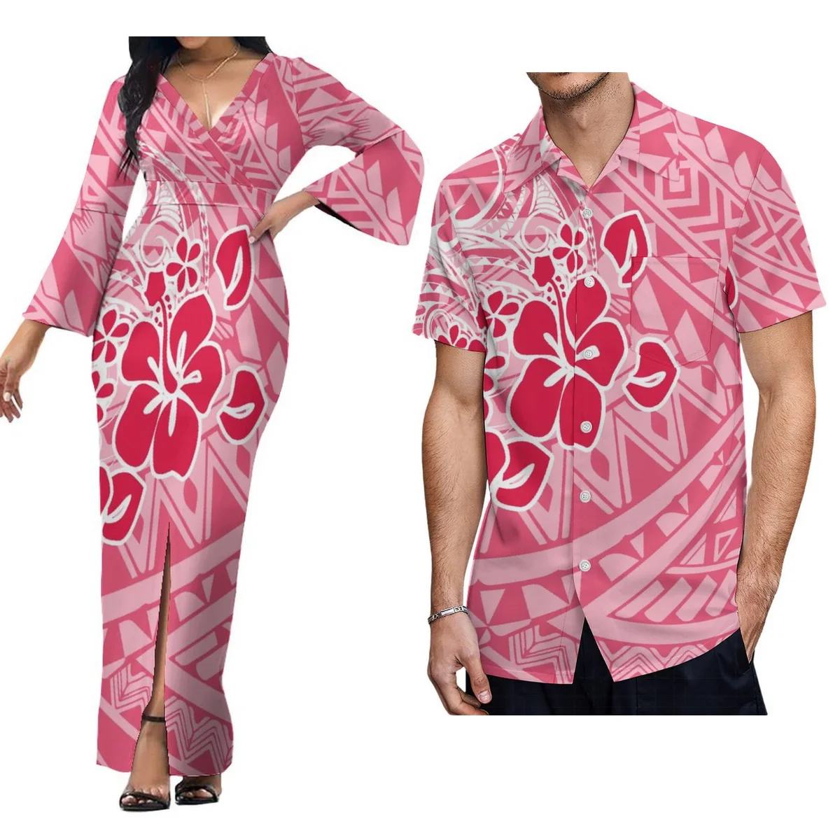 

2024 Fashion Retro Couple Set Women'S V-Neck Dress Hawaiian Party Samoan Evening Gown And Hawaiian Men'S Shirt Polynesian Design