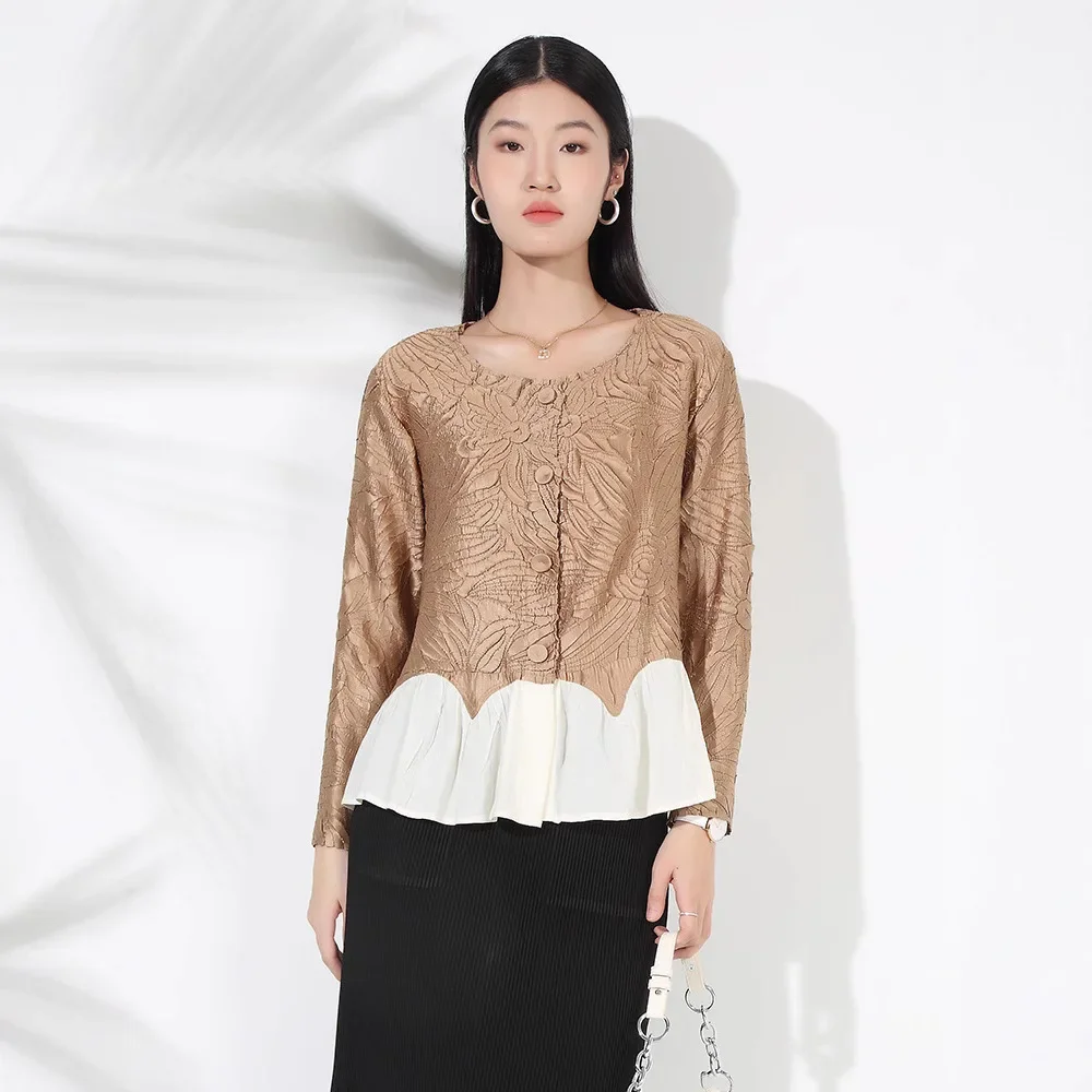 Miyake Pleated 2024 Autumn New Fashion Heavy Industry Embroidery Splicing Tops Commuting Versatile Single-breasted Shirts Women