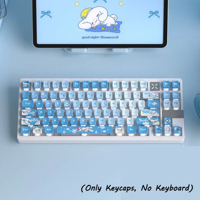 

Kawaii Cinnamoroll 120-клавишный набор колпачков для механической клавиатуры, материал PBT, процесс сублимации краски, четырехсторонний прозрачный колпачок для клавиш