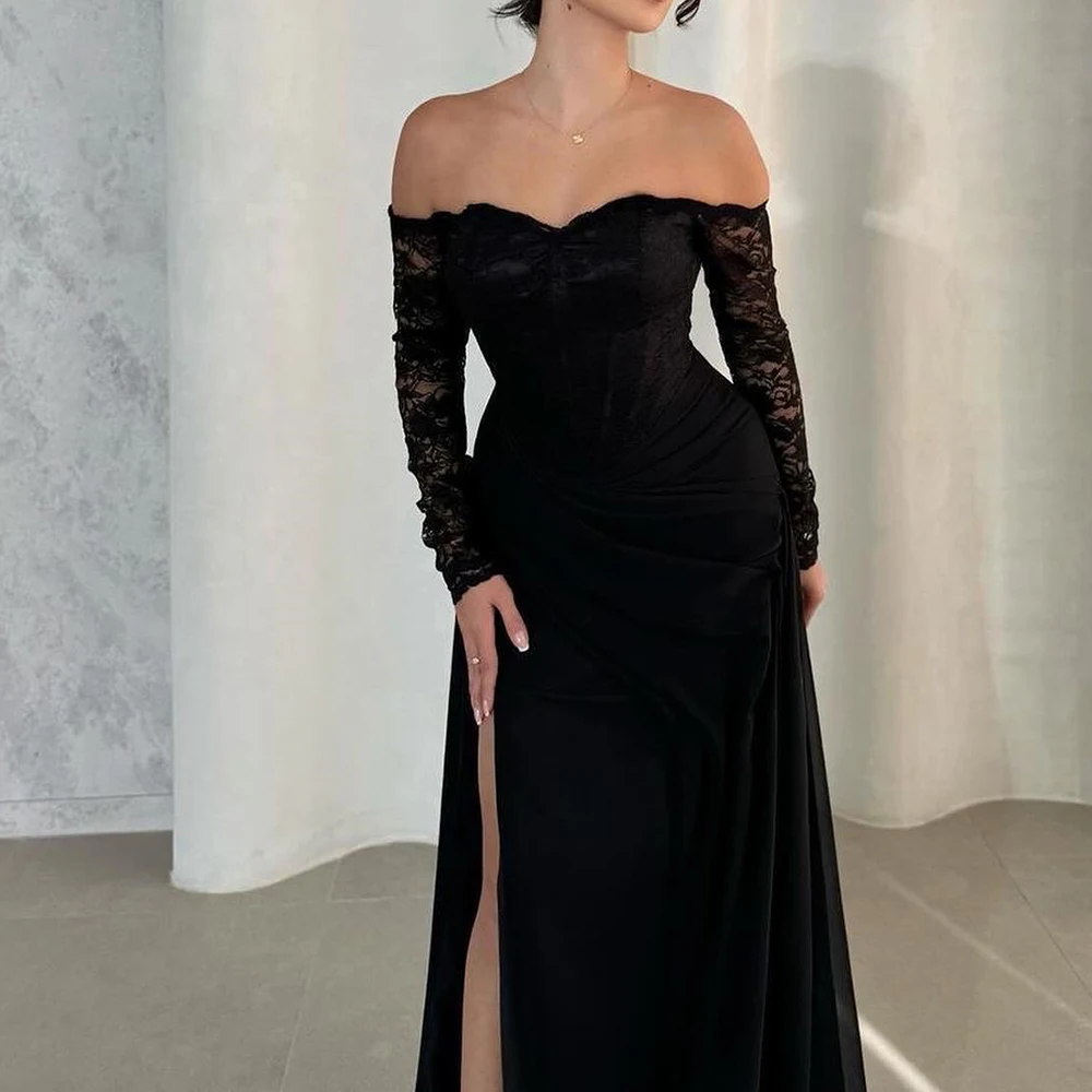 High Quality Chiffon Lace Off the Shoulder Evening Dress Delicate Long Sleeves Strapless Floor Length Side Slit