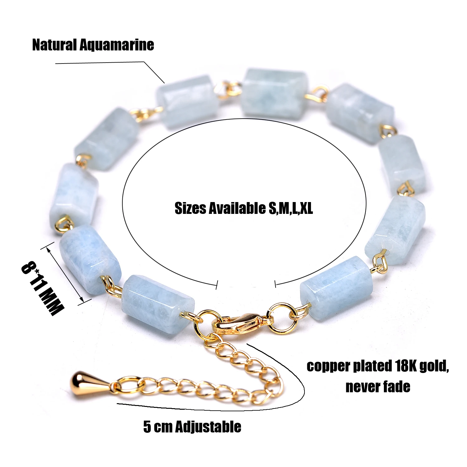 Natural Stone Cylindrica Blue Aquamarine Gold Color Chain Chakra Bracelets for Women Handmade Healthy Trendy Jewelry