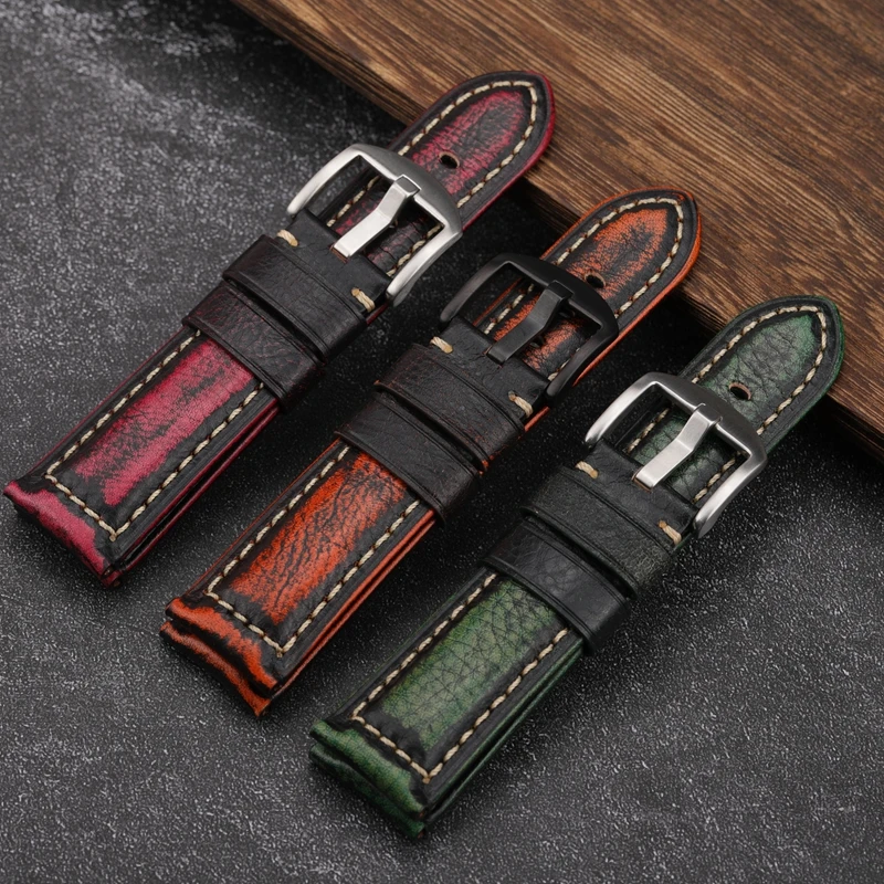 Handmade First Layer Cowhide Leather Strap Vintage Rubbed Color Leather Watchband 22  24MM Vintage Style Men Bracelet For PAM111