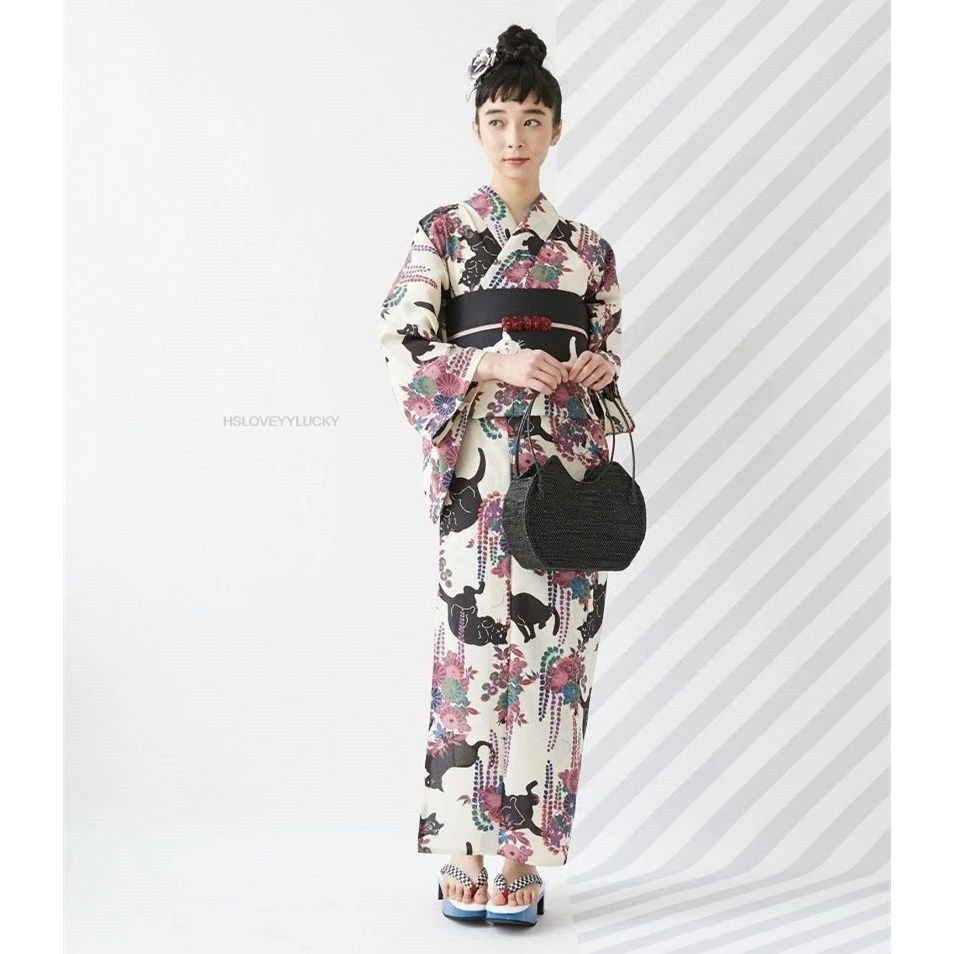 Japanese Style Retro women Kimono Yukata Dress Vintage Photoshooting Cosplay Costume Evening Dress cat  Bath Robe Yukata Geisha