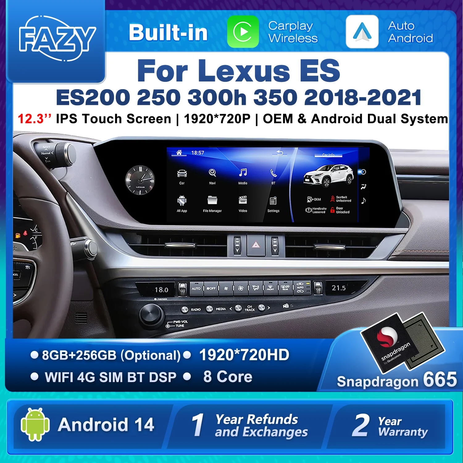 Pantalla Android 14 Carplay para Lexus ES ES200 ES250 ES350 ES300h 2018-2021 Reproductor Multimedia para Auto con Navegación, Video y Android Auto 4G