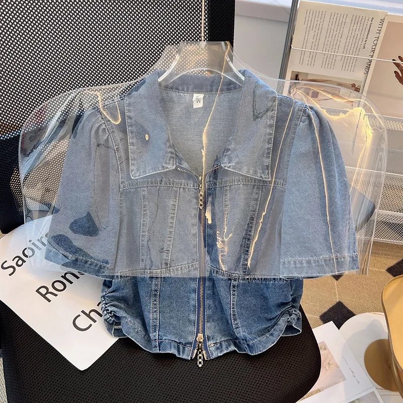 Kurzarm-Jeans jacke für Frauen Sommer dünne Mode Reiß verschluss Turndown Kragen Freizeit hemd 2024 neue Puff ärmel lose Jacke