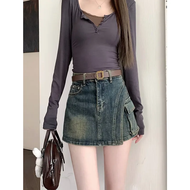 

Винтажная индивидуальная джинсовая юбка, весна-лето, новый дизайн, карманная облегающая джинсовая юбка, трендовые шорты