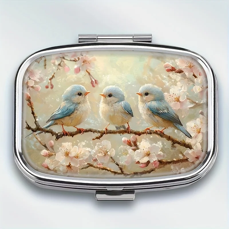 Cute Blue Bird Cherry Blossom Metal Pill Box - Portable Travel Case Design, Spring-Loaded Opening, Fits in Pocket or Purse, Unique Gift Recommendation
