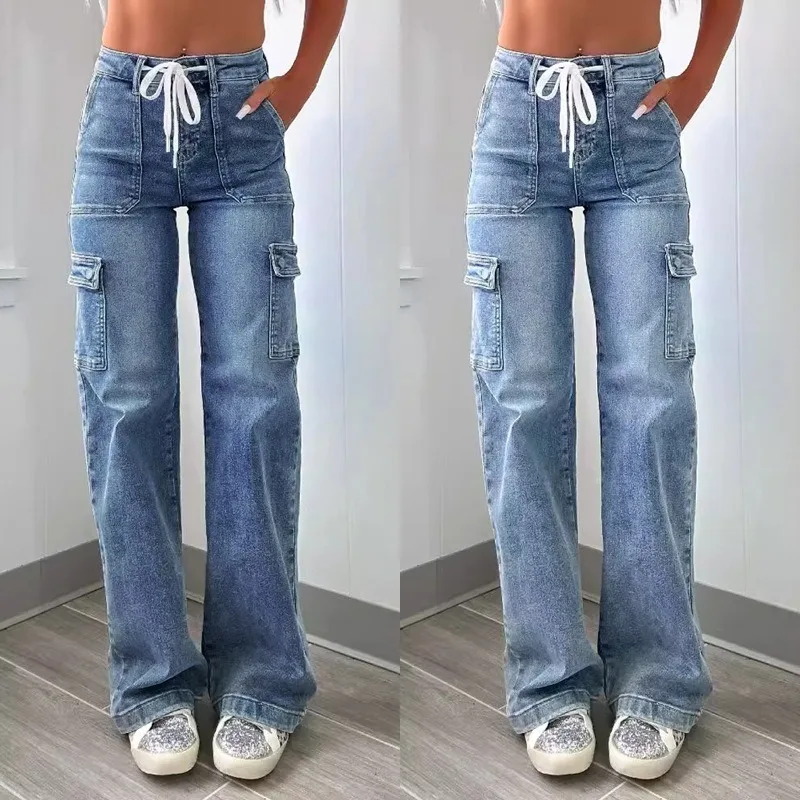 2026 New Denim Cargo Women Streetwear Straight Trousers Floor Length High Waist Jeans Multiple Pockets Lace Up Distressed Pants