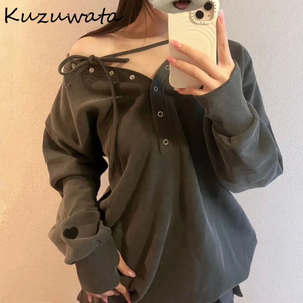 

Kuzuwata Loose Pullover Off Shoulder Casual Hoody Suit Minority Lace Up Solid Sweatshirt Japanese Unique Safari Style Top