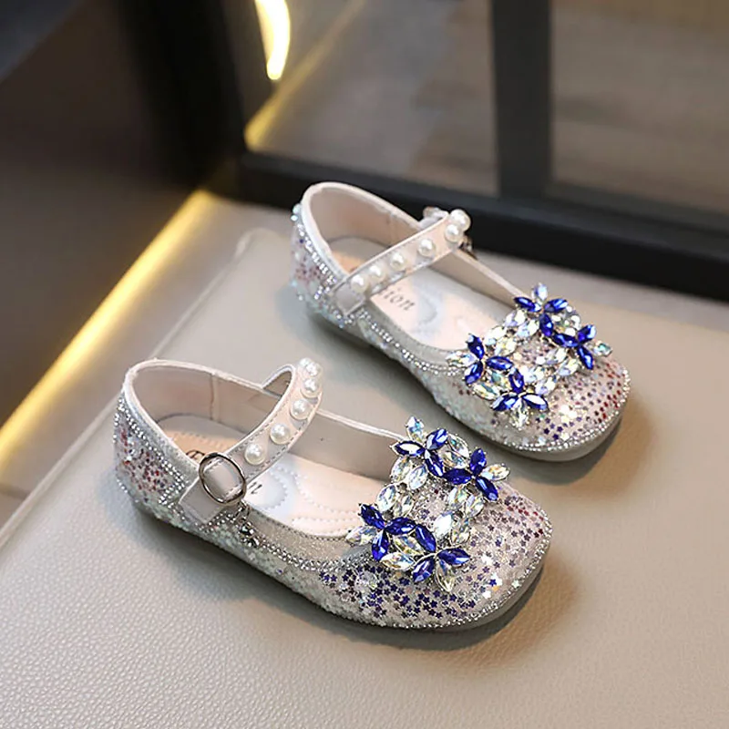 Luxury Crystal Square Buckle Ballet Flats For Kids 2024 Spring New Floral Rhinestone Mary Jane Shoes Girls Bling Party Zapatos