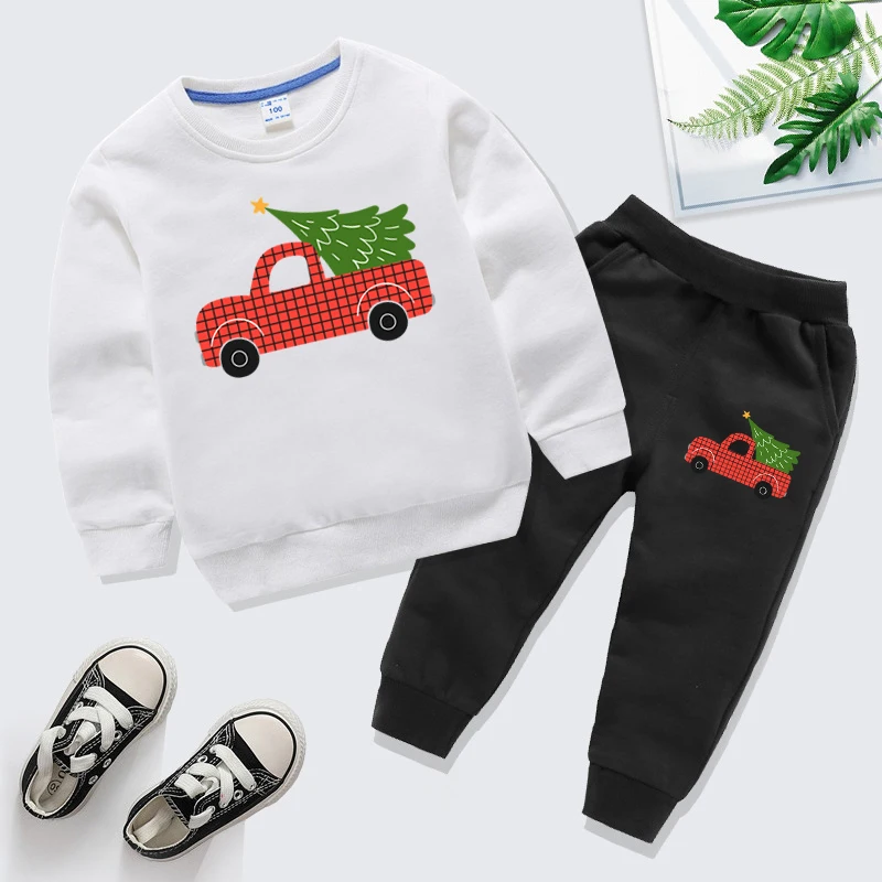 Farm Truck Christmas Tree Print Children's Tracksuit Set Cartoon Long Sleeve Sweatshirt and Pants 2 Pc Sets Boys Girls Xmas Gift