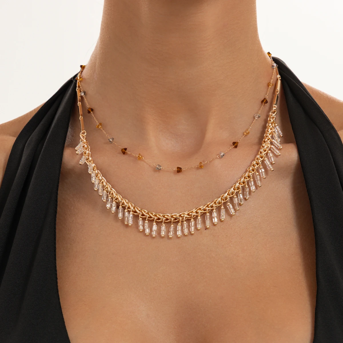 SHIXIN 2Pcs/Set Trendy Colorful Crystal Beads Tassel Necklace Women Luxury Gold Color Adjustable Clavicle Chain Jewelry Accessor