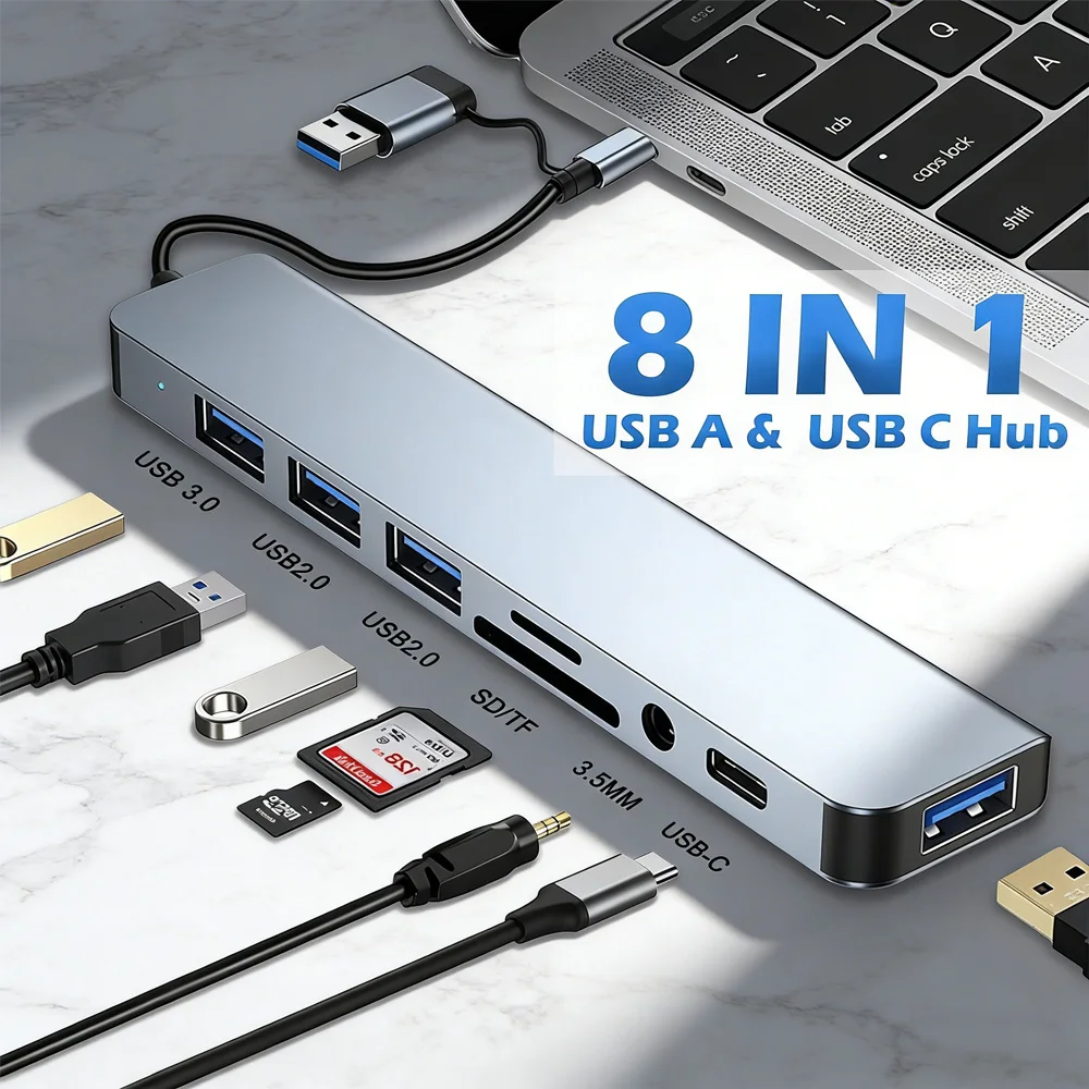 

Многофункциональный USB-C хаб-адаптер 8-в-1 с двумя разъемами: док-станция USB-C/USB-A 3.0/2.0, кардридер SD/TF, быстрая передача данных 5 Гбит/с