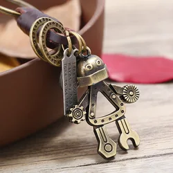 Punk Robot Keychain PU Leather Handmade Woven Keychain Personality Retro Car Keyrings Cute Cowboy Hat Scooter Key Chain Gifts
