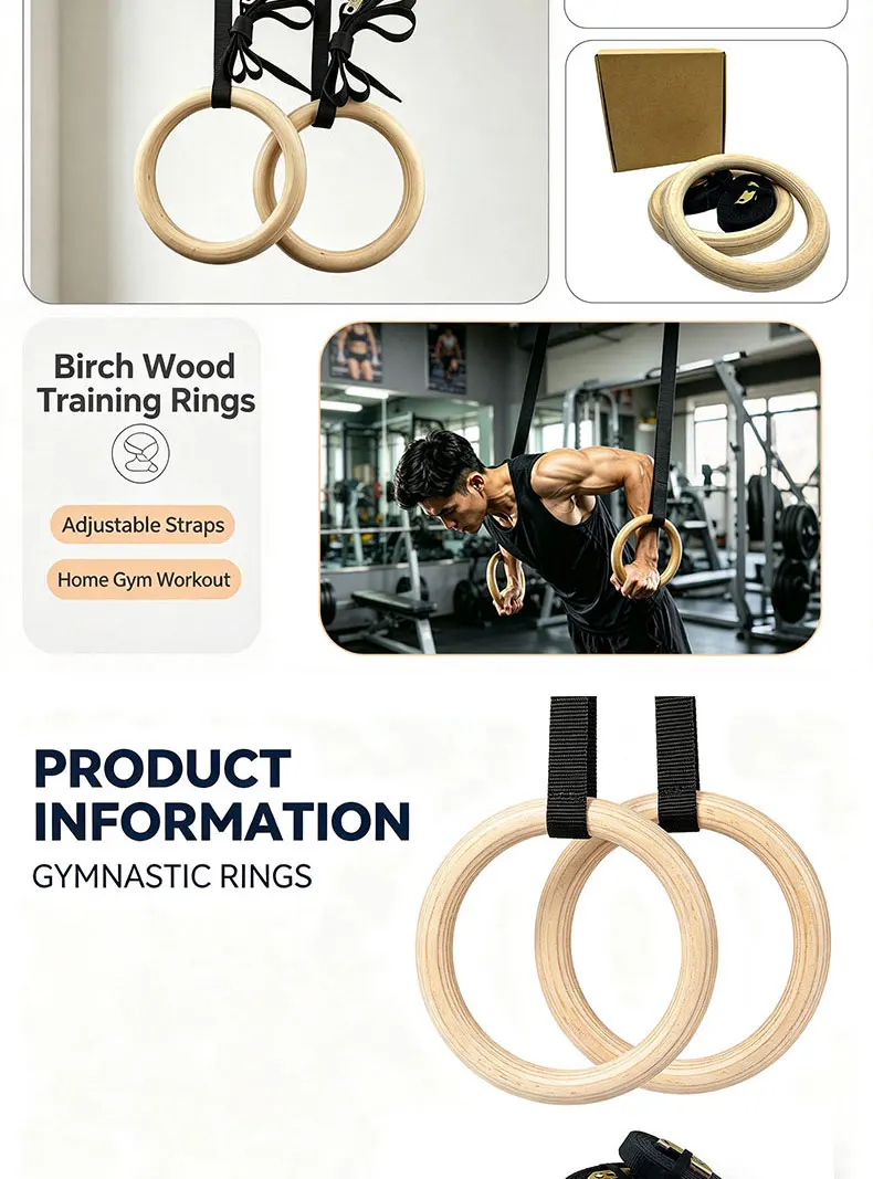 Gymnastikringe aus Birkenholz, mit verstellbaren Riemen mit Schnallenverschluss, Heimfitnessgeräte, Krafttrainingsgeräte – Detail 3