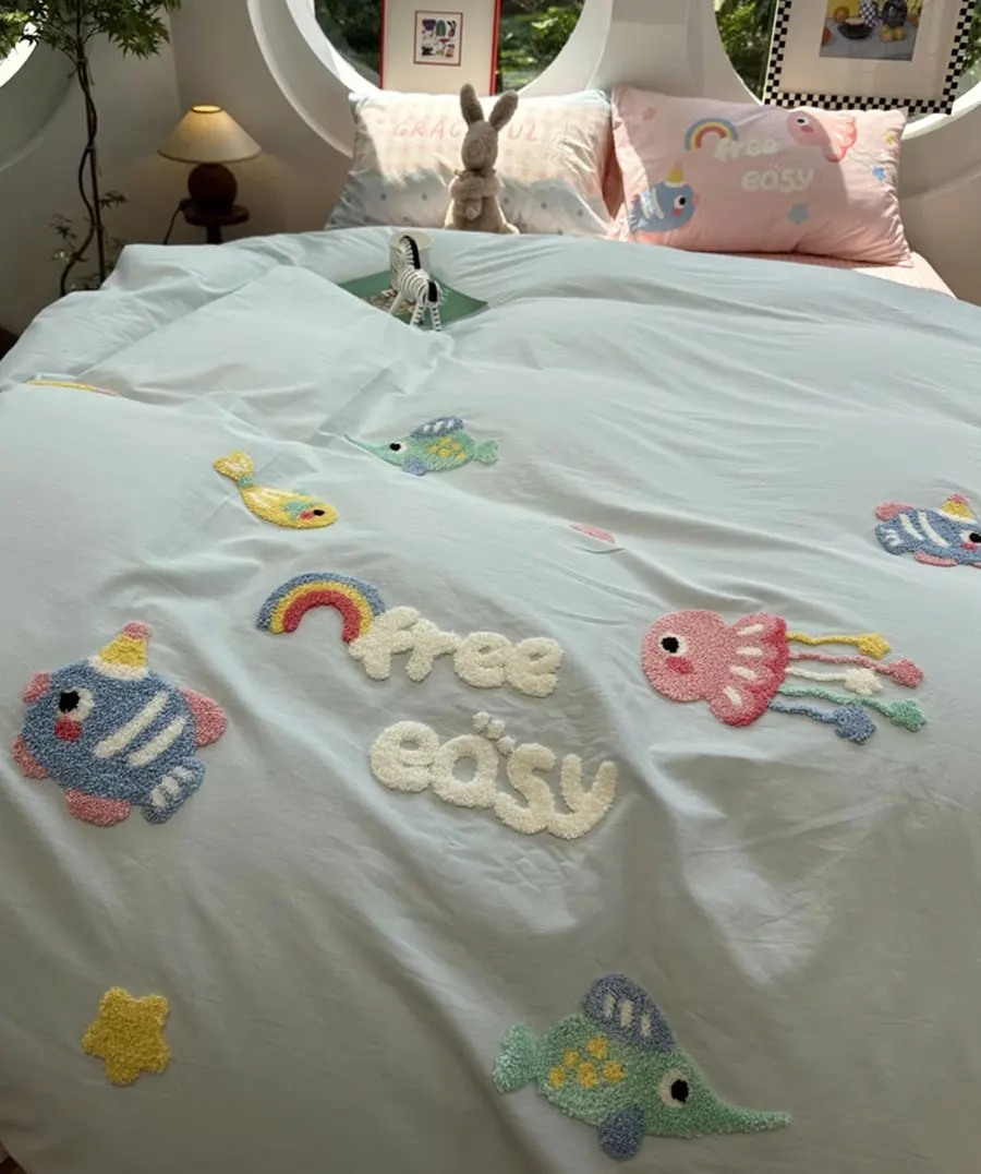 Cute cartoon embroidery jellyfish fish beding set kid teen,twin full queen cotton home textile bed sheet pillow case quilt cover