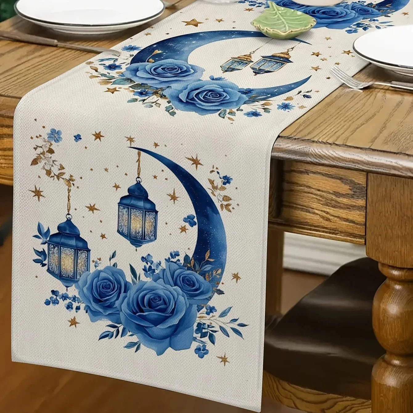 VIKAMA Blue Moon Floral Print, Ramadan Table Runner, Muslim Festivals For Kitchen, Dining Room Home Decor, Dirt-Proof & Washable