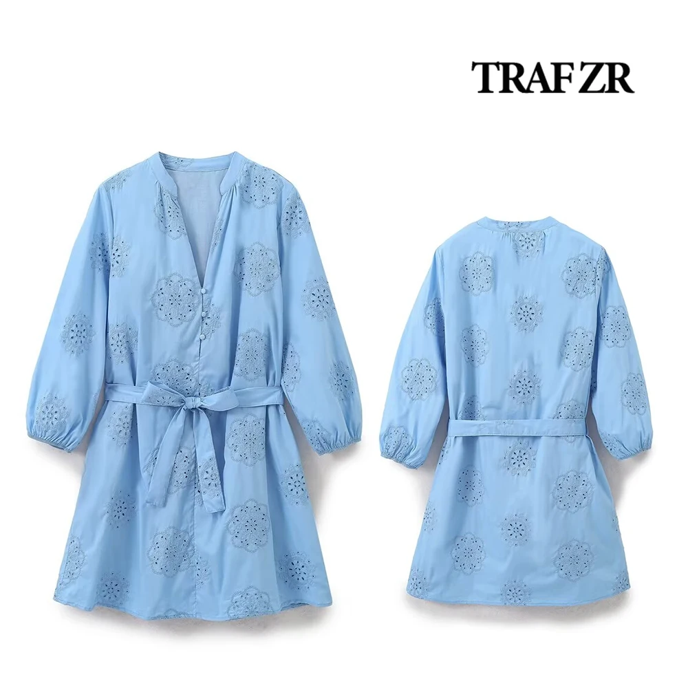 TRAF ZR Mini Dresses for Women Stand Collar Hollow Out Fully Lined Outfit High Street Summer Dress 2024 Elegant Chic Dress