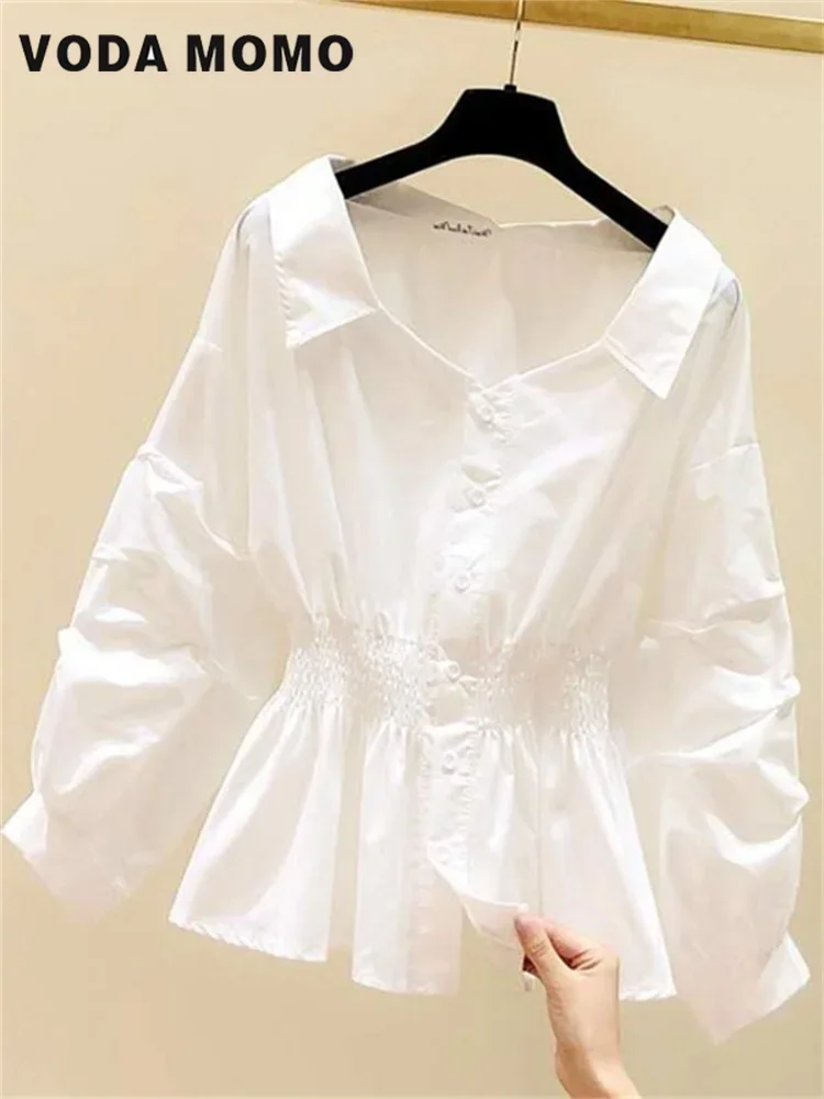 

Casual Elegant Solid Button V-neck Bubble Sleeve Pleated Corset Slim Fit Cardigan Tops Women's Spring Summer New Simple Fashion