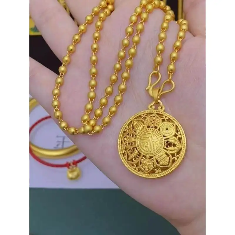 24k 999 gold fortune character eight treasures compass pearl necklace, high-end necklace for girlfriend