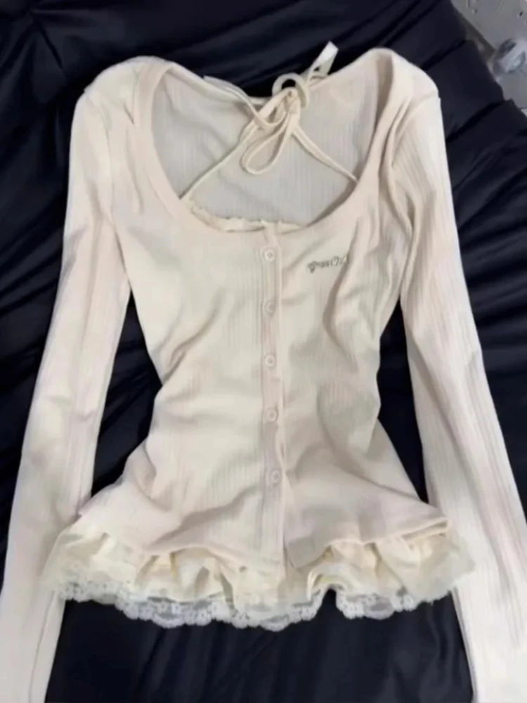 Y2K Korean Hottie Retro Fake Zweiteiliges Set Spitzenspleiß ​ ​ Langarm Slim Fit 2000er Street Temperament Design Damen T-Shirts