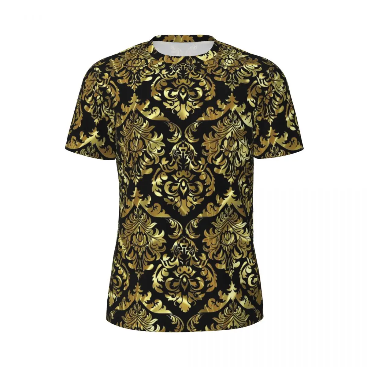 Gym T-Shirt For Man Baroque Floral T-Shirts Trending Black And Gold Summer Tees O Neck Y2K Funny Design Clothing Gift